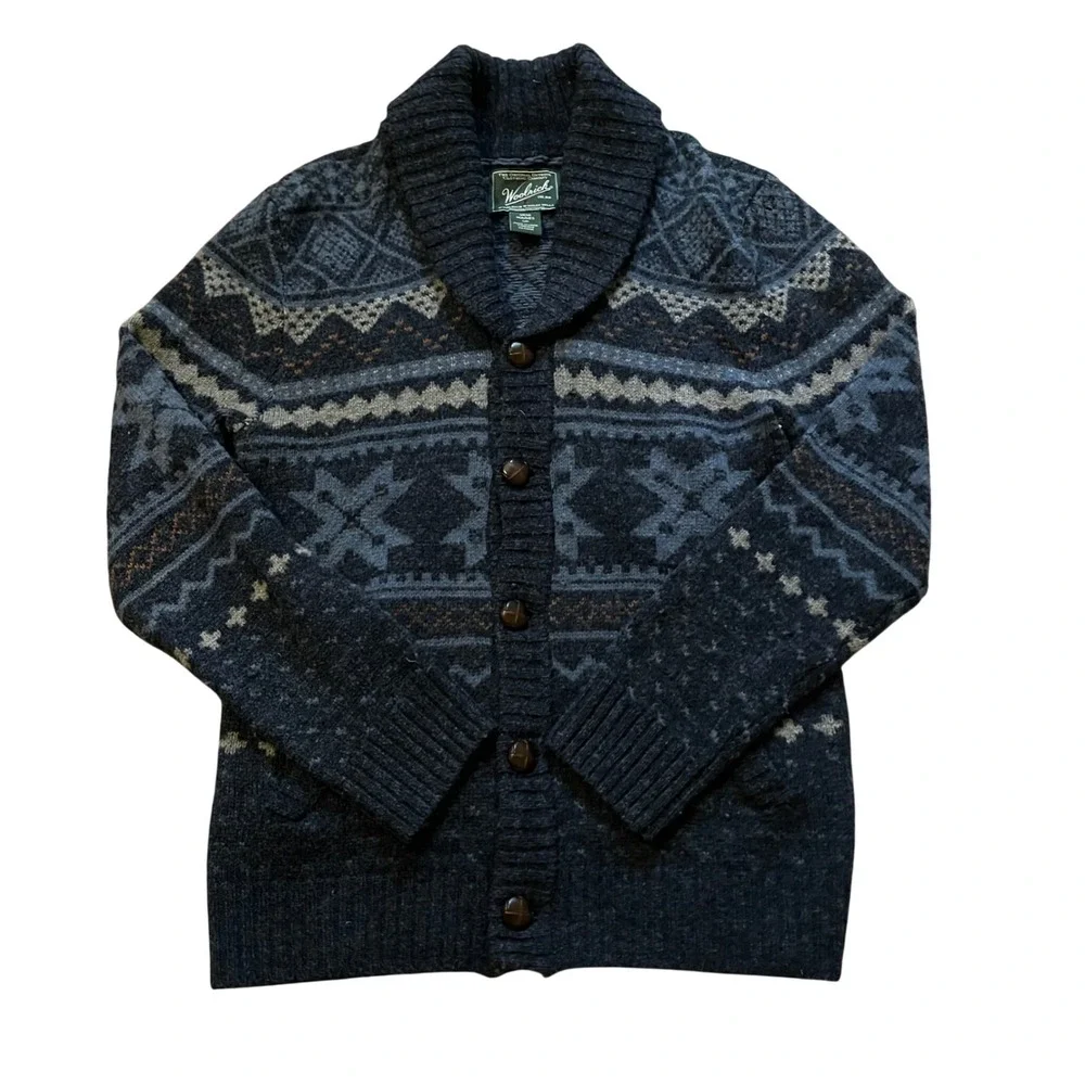 Woolrich Mens Fair Isle Shawl Collar Cardigan Wool Blend Sweater Grey Blue S